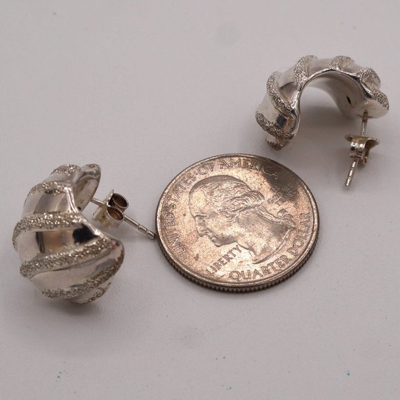 Vintage Wide Half Hoop Textured Swirly Ribbed Hollow Dome Silver Stud Earrings - Picture 7 of 7